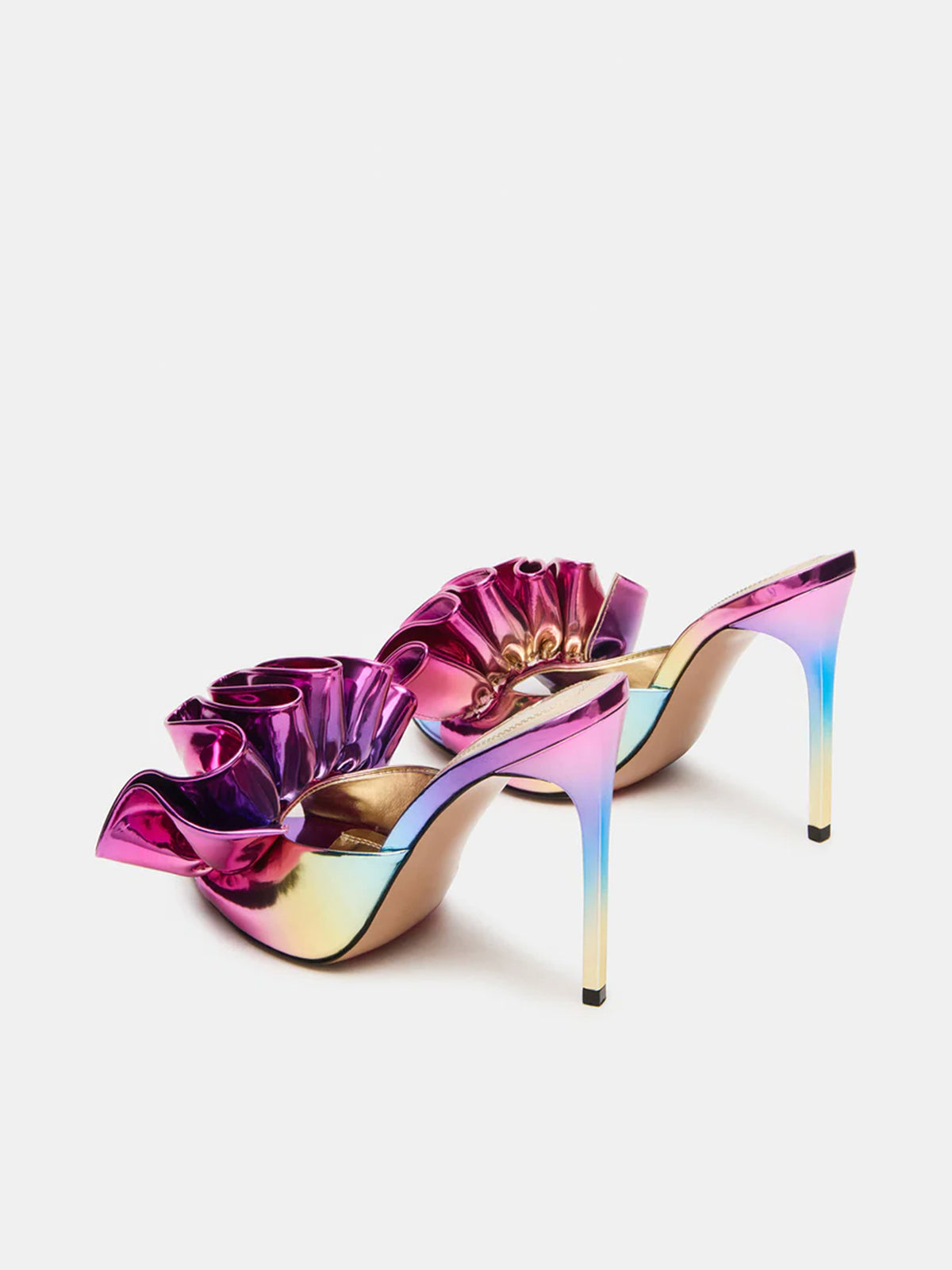 Pointed-Toe Slip-On Ruffle High Heels - Metallic Iridescent