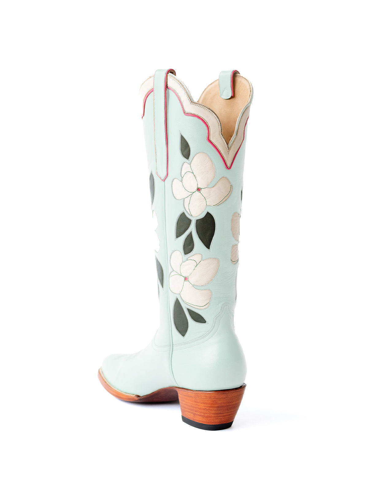 Mint Blue Almond-Toe White Flower Inlay Wide Calf Knee High Cowgirl Boots