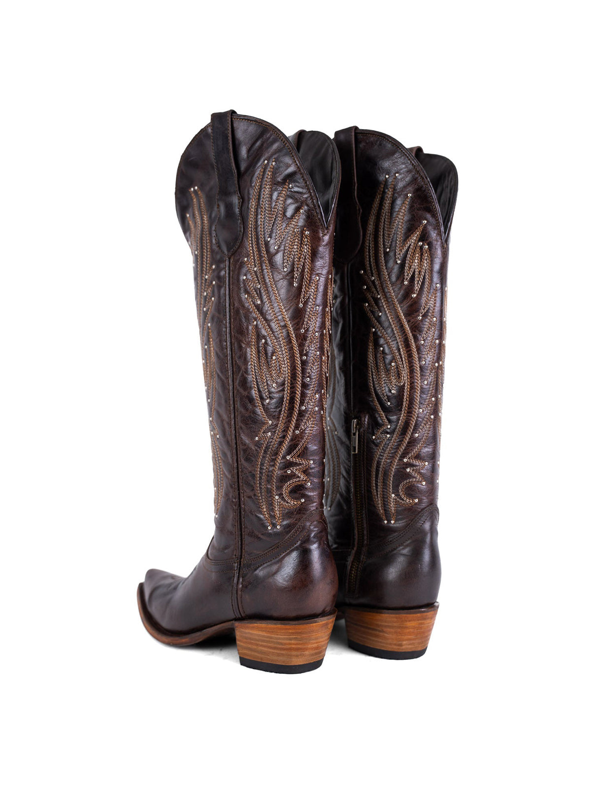 Chocolate Western Snip-Toe Embroidery And Studs Half-Zip Knee High Cowgirl Boots