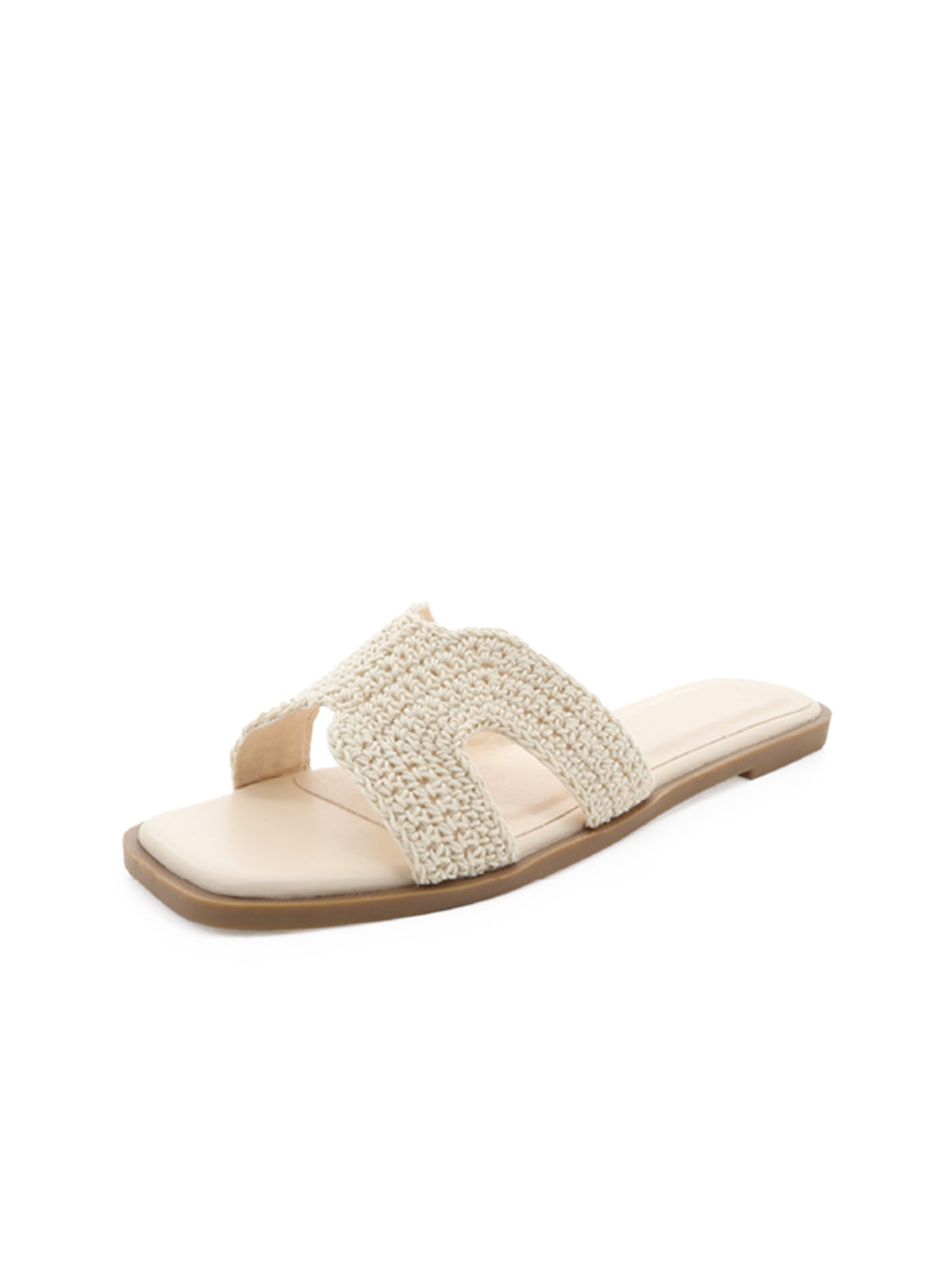 Ivory Wool Weaving Open Square-Toe Slip-On Simple Sandals Flats