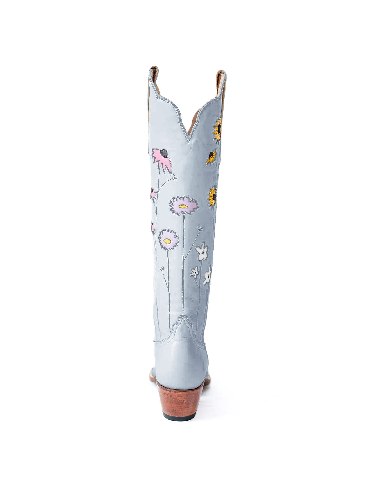 Gray Almond-Toe Colorful Flowers Inlay Wide Calf Knee High Cowgirl Boots