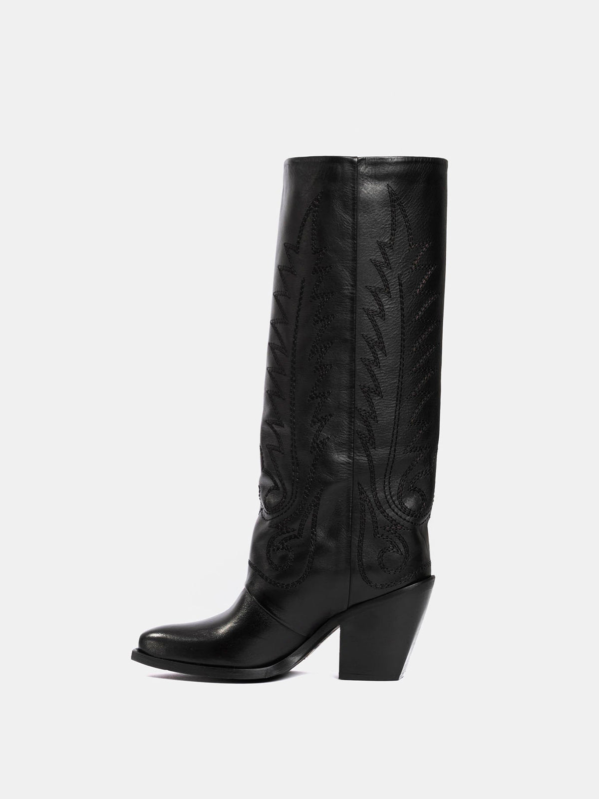 Black Snip-Toe Vegan Leather Classic Embroidery Mid Calf Cowgirl Boots