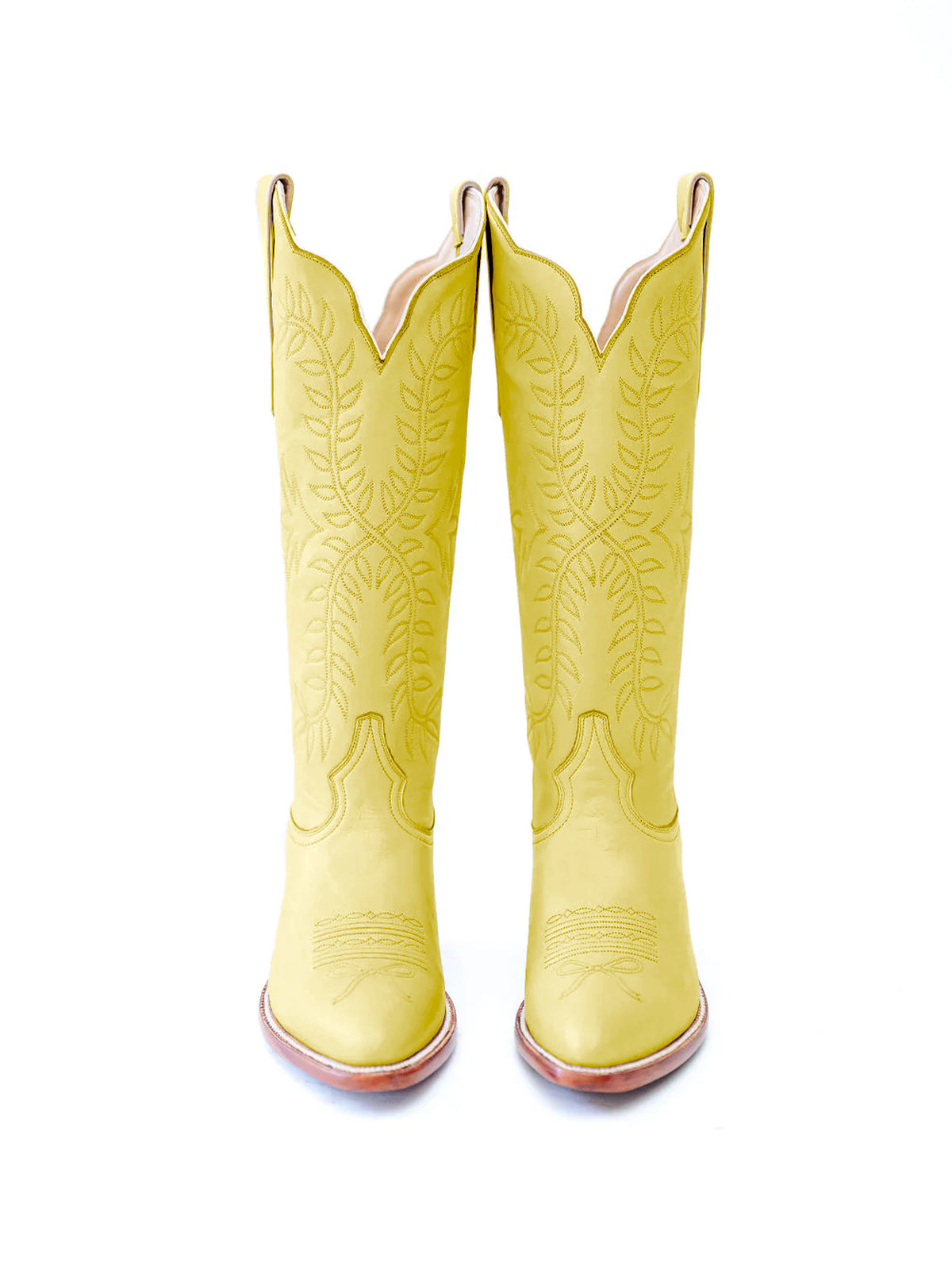 Leaves Embroidery Almond-Toe Wide Knee High Cowgirl Boots - Yellow