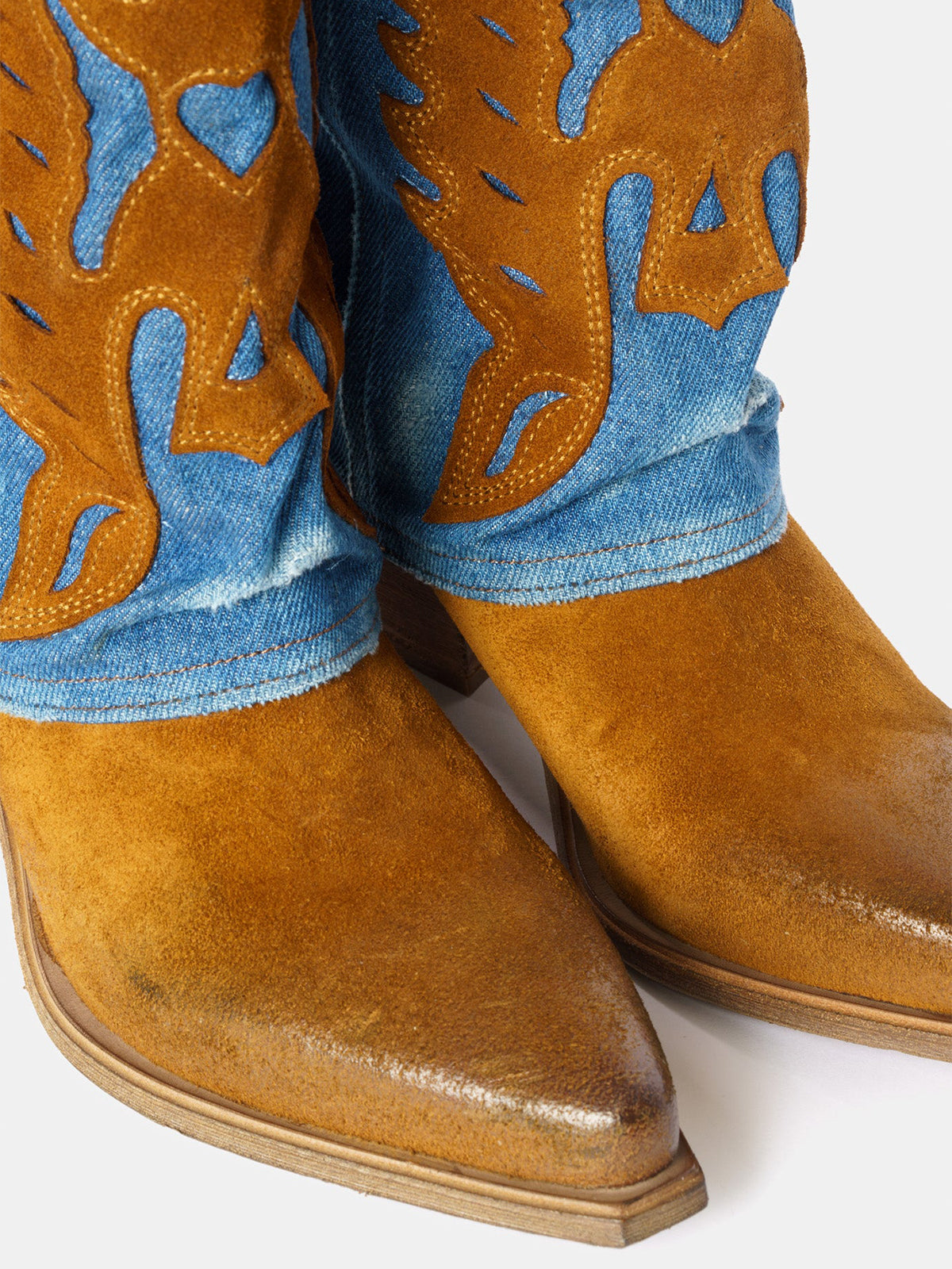 Brown Snip-Toe Eagle Applique Blue Denim Fold-Over Mid Calf Cowgirl Boots