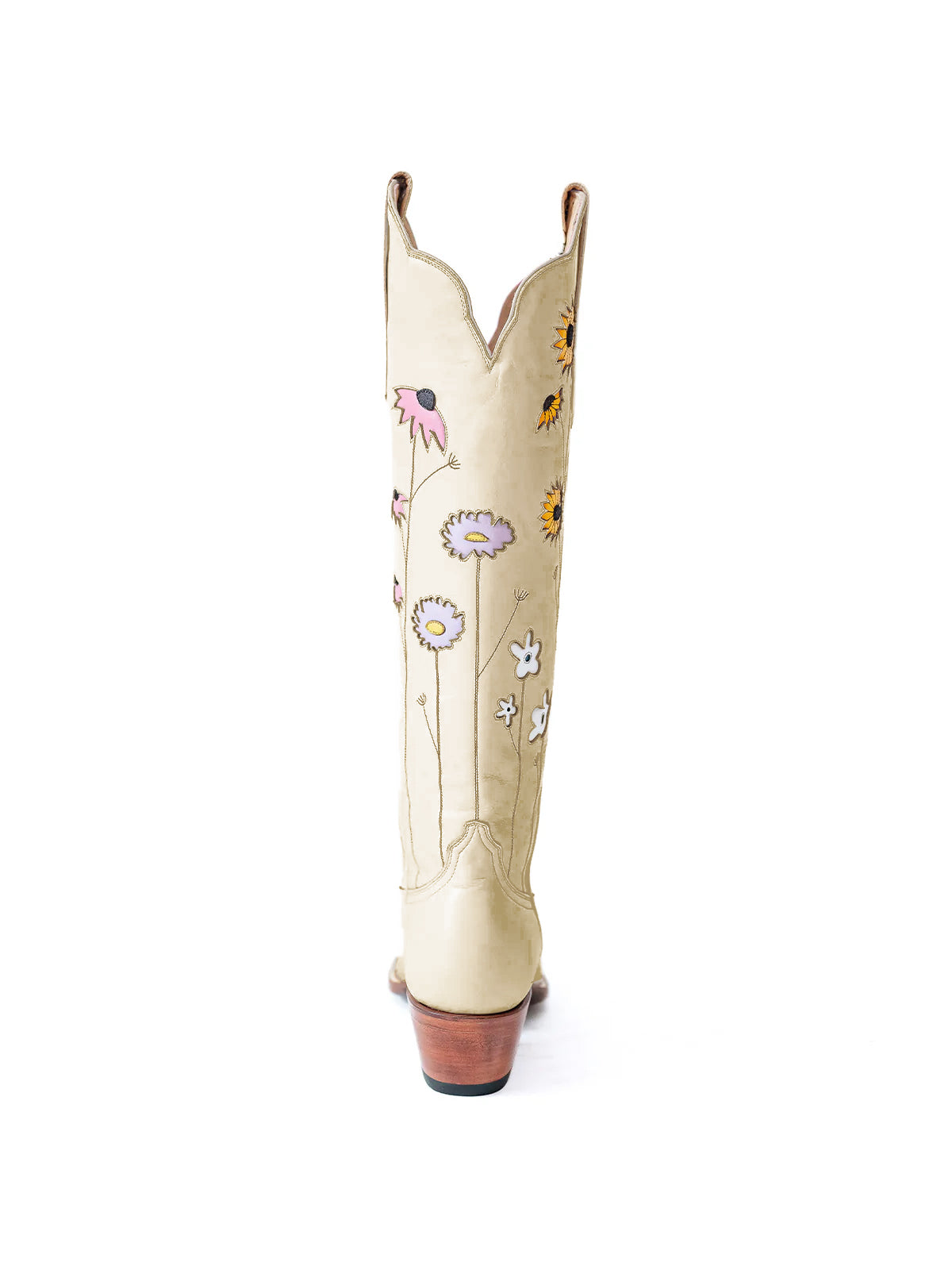 Beige Almond-Toe Colorful Flowers Inlay Wide Calf Knee High Cowgirl Boots