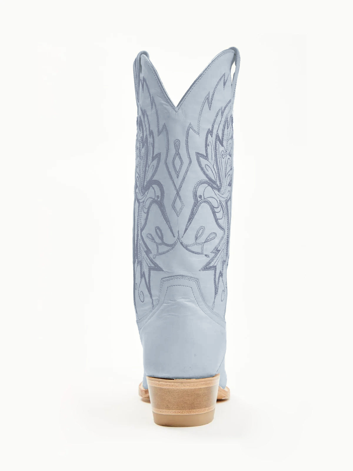 Сиви каубойски ботуши с къси пръсти и бродерия с ярки птици до средата на прасеца