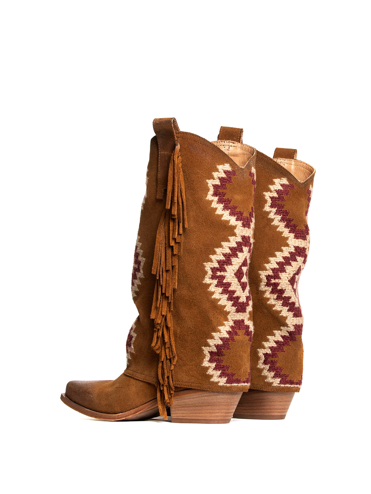 Side Fringe Snip-Toe Embroidery Fold-Over Mid Calf Cowgirl Boots - Brown Faux Suede