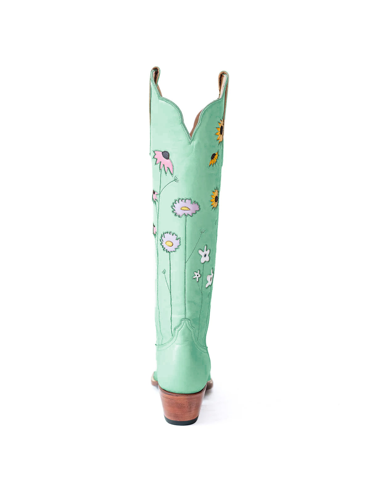 Green Almond-Toe Colorful Flowers Inlay Wide Calf Knee High Cowgirl Boots