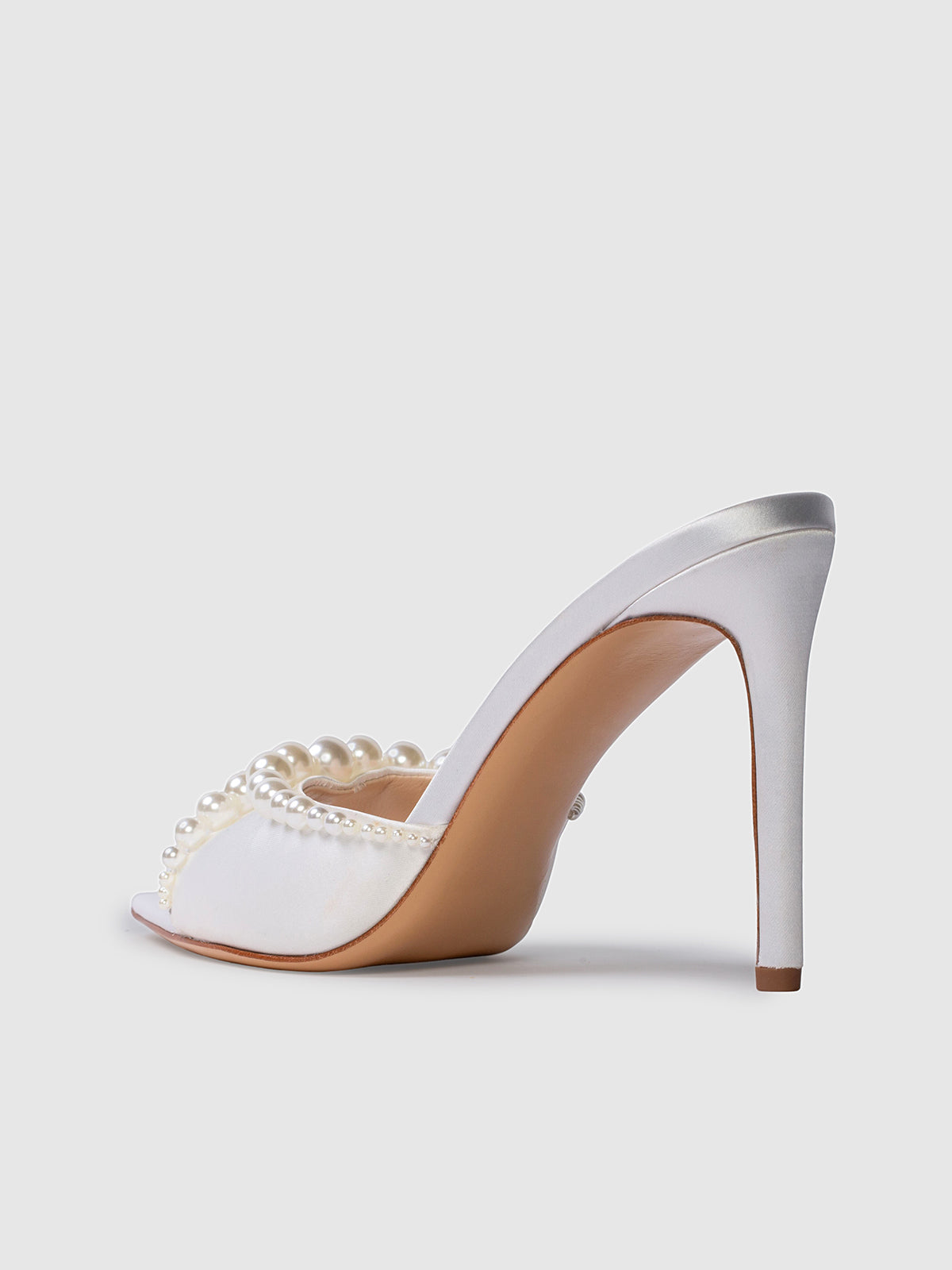 White Satin Pointed-Toe Front Pearl High Heels