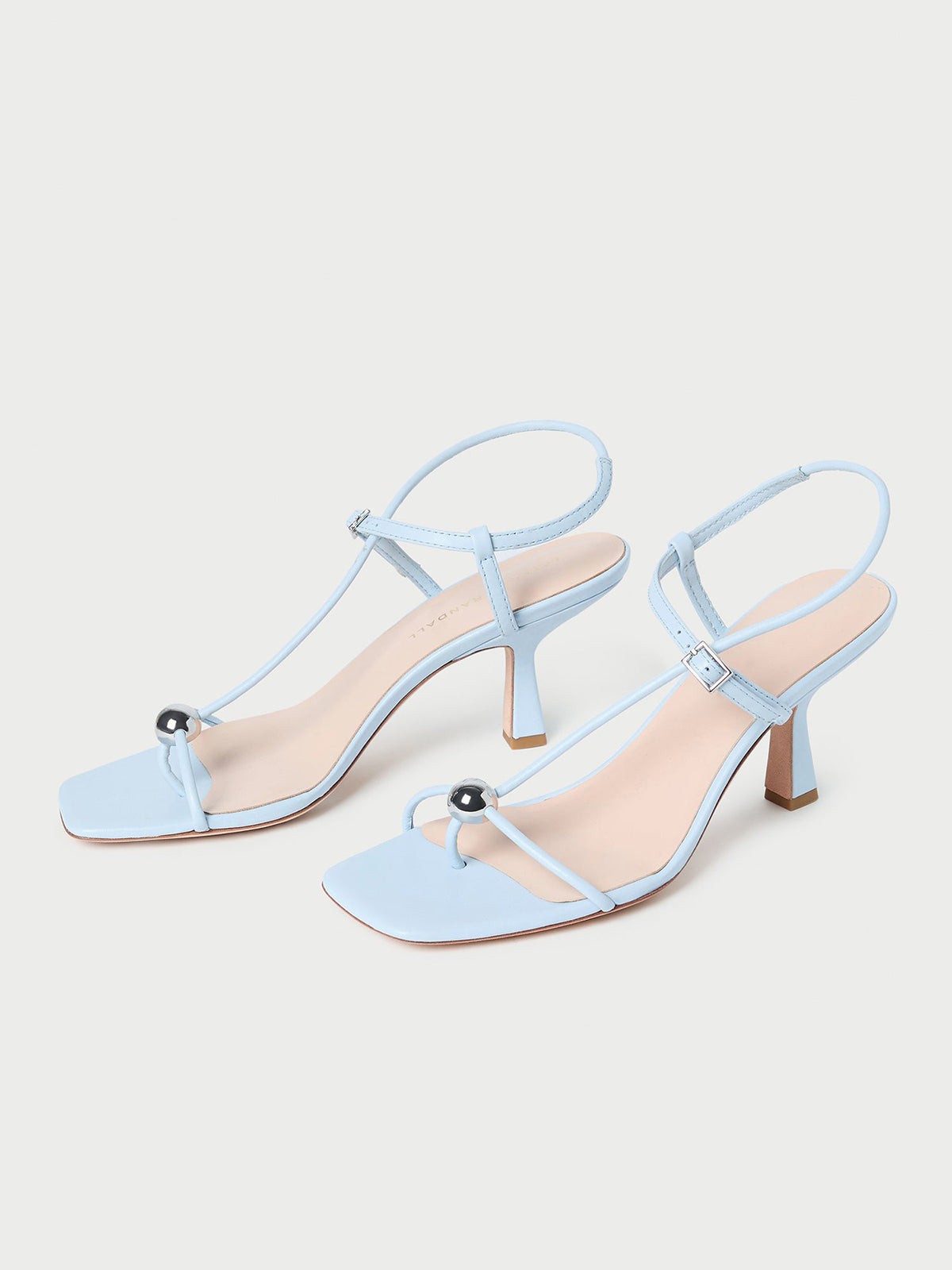 Blue Square-Toe Buckle Strappy Kitten Heels With One Silver Ball