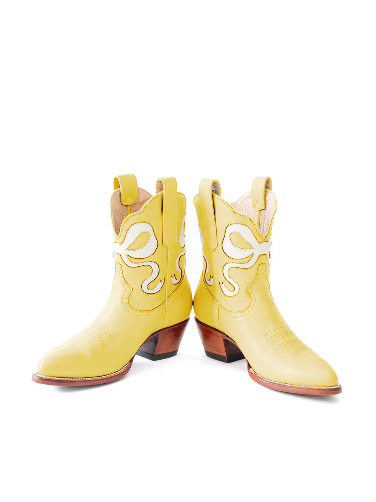 Yellow Almond-Toe Ankle Western Boots With White Bowknot Inlay