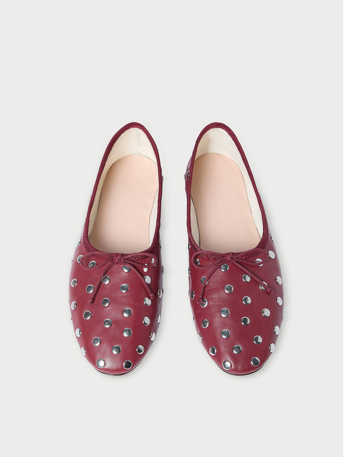 Wine Red Round-Toe Front Bow Ballet Flats With Studs