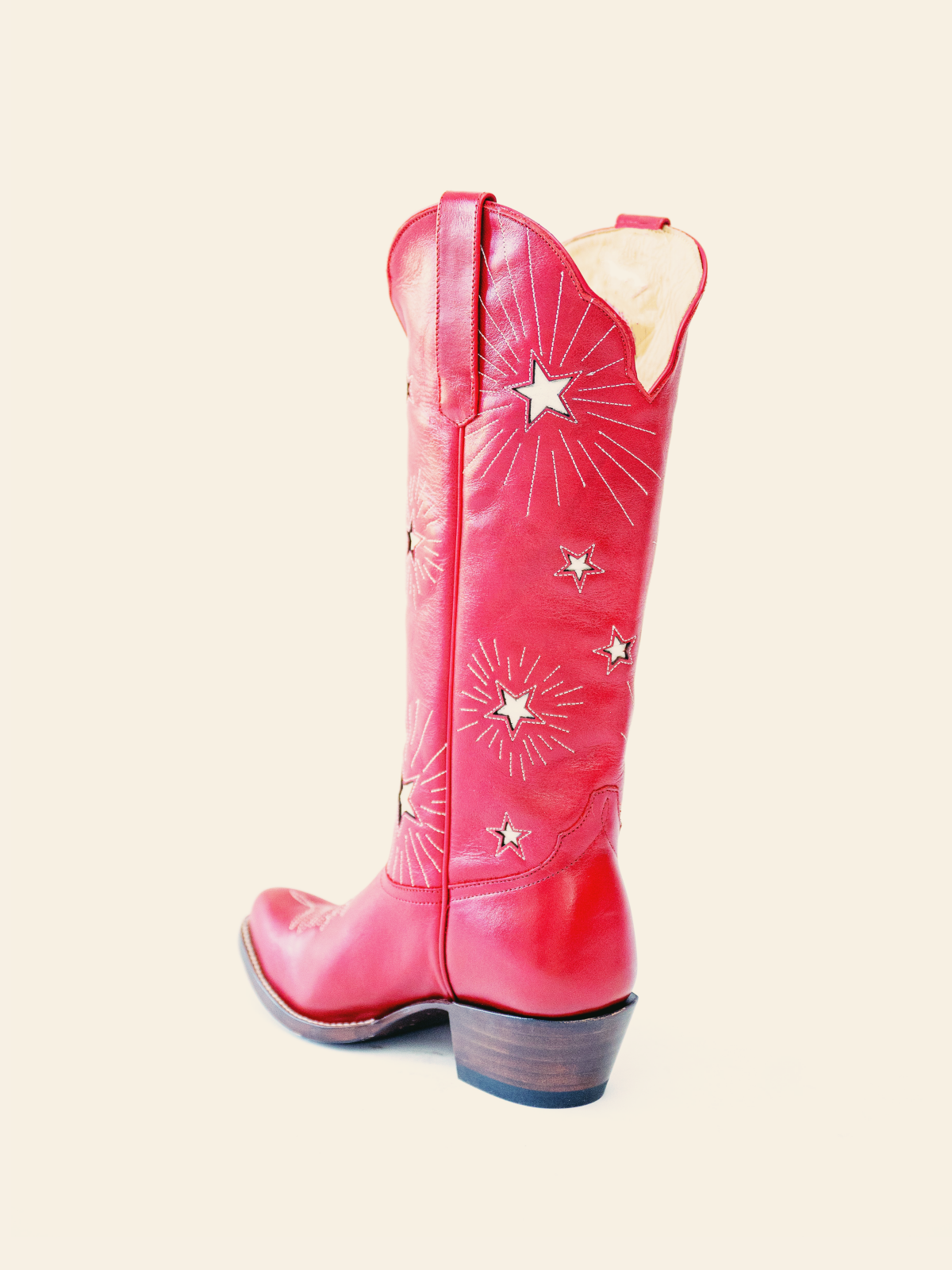 Red Burst Star Inlay Stitch Almond-Toe Wide Calf Knee High Cowgirl Boots