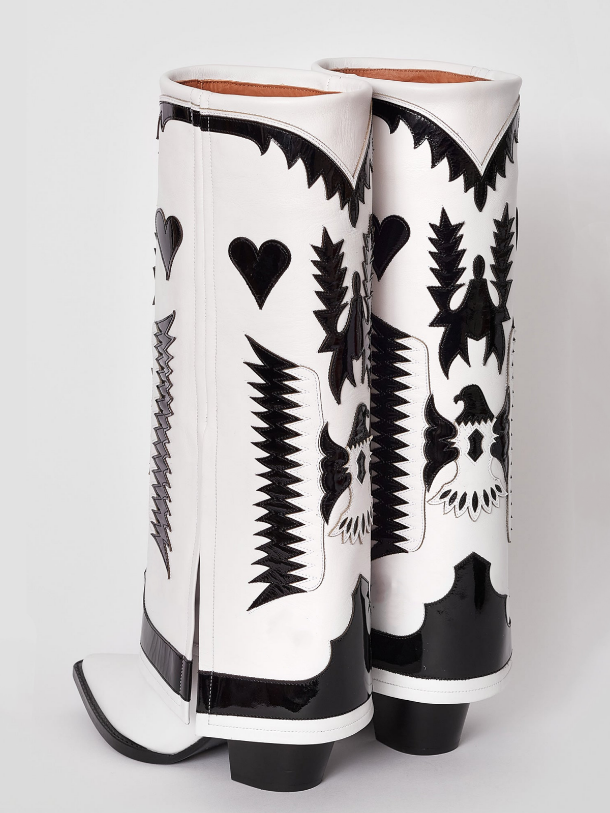 Fold-Over Panel Eagle And Heart Applique Snip-Toe Knee High Boots - White