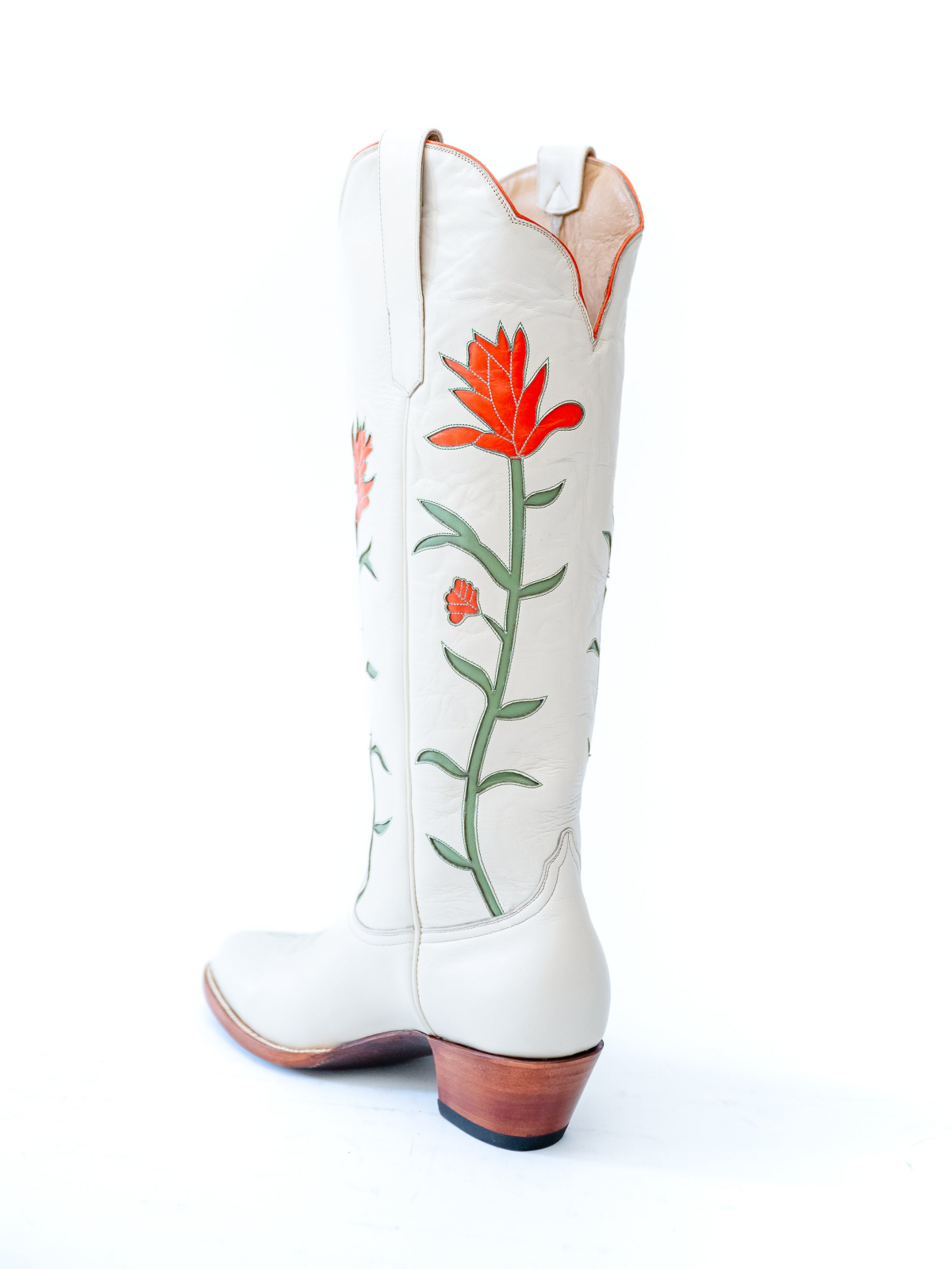 White Almond-Toe Knee High Tall Boots Wide Calf Cowgirl Boots With Floral Inlay