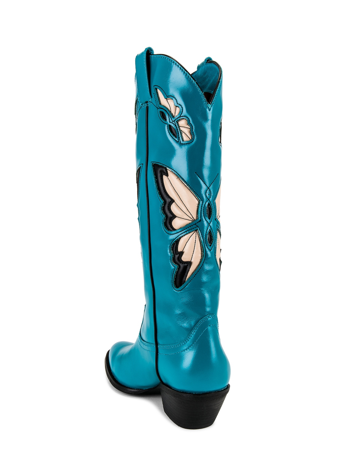 Blue Round-Toe Butterfly Inlay Wide Mid Calf Cowgirl Boots