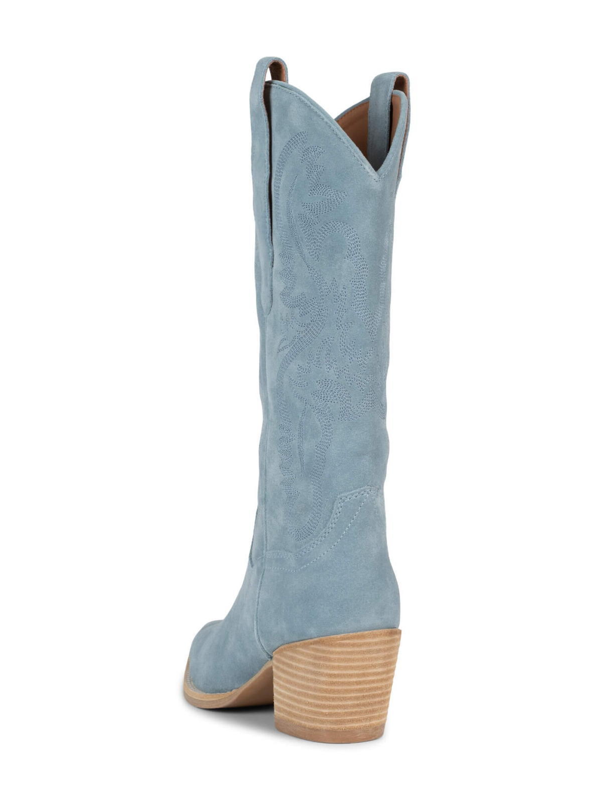Sky Blue Faux Suede Snip-Toe Western Embroidery Mid Calf Cowgirl Boots