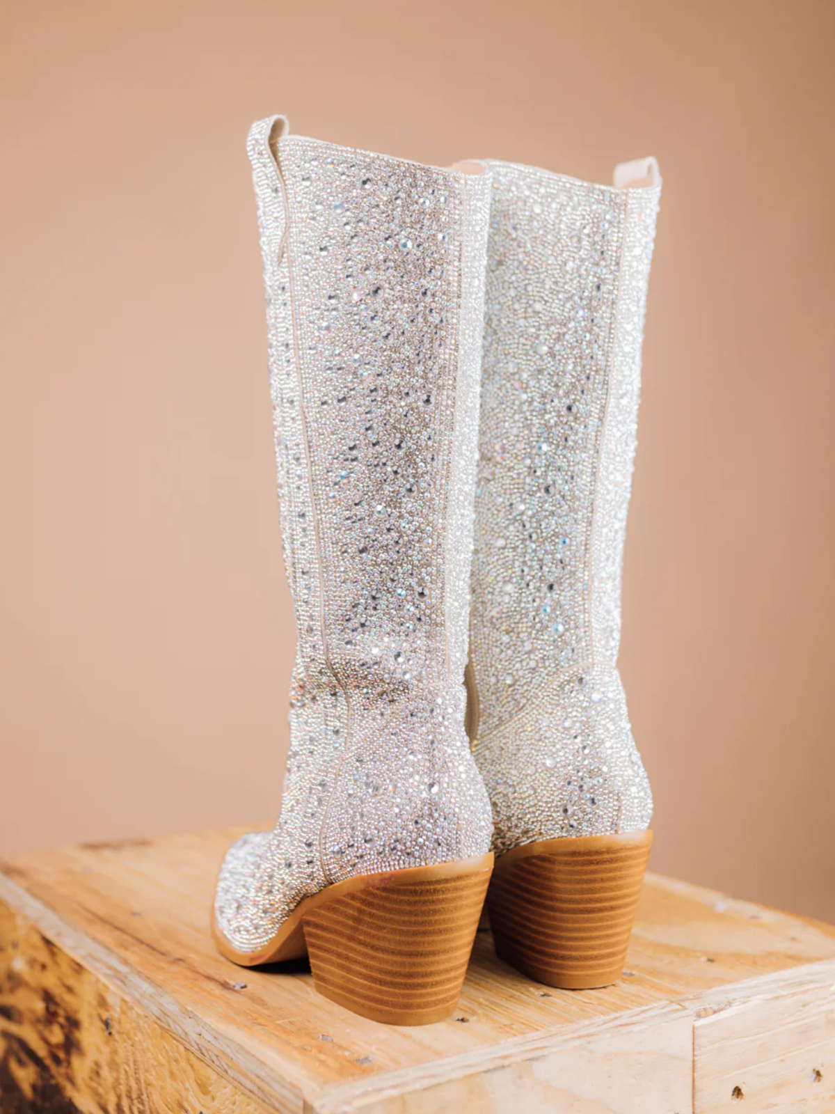 Silver Rhinestone Faux Suede Pointed-Toe Full-Zip Mid Calf Cowgirl Boots