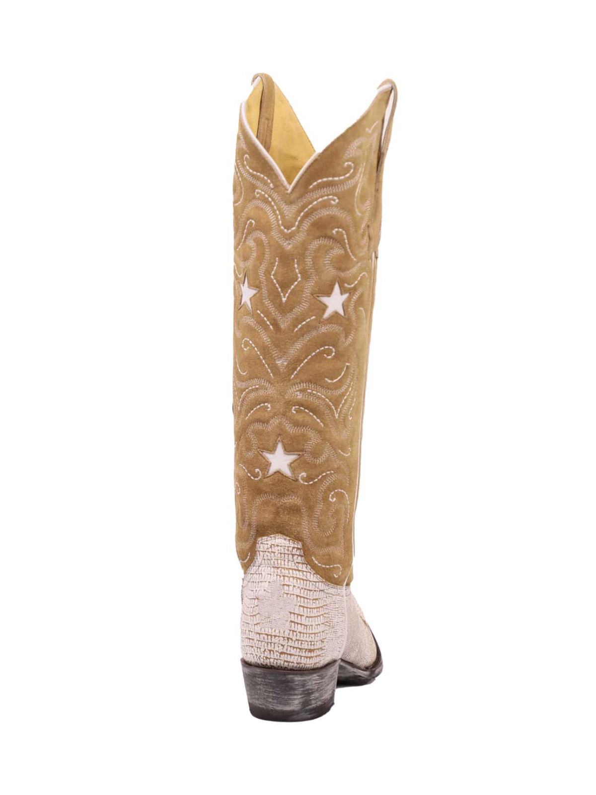 Contrast Camel And Lizard Print White Snip-Toe Embroidery Star Inlay Half-Zip Knee High Cowgirl Boots