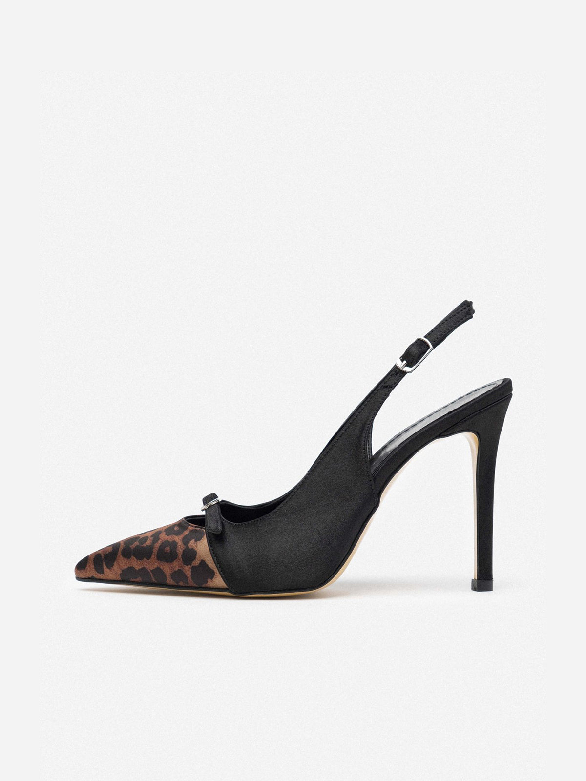 Contrast Black And Leopard Satin Pointed-Toe Slingback High Heels
