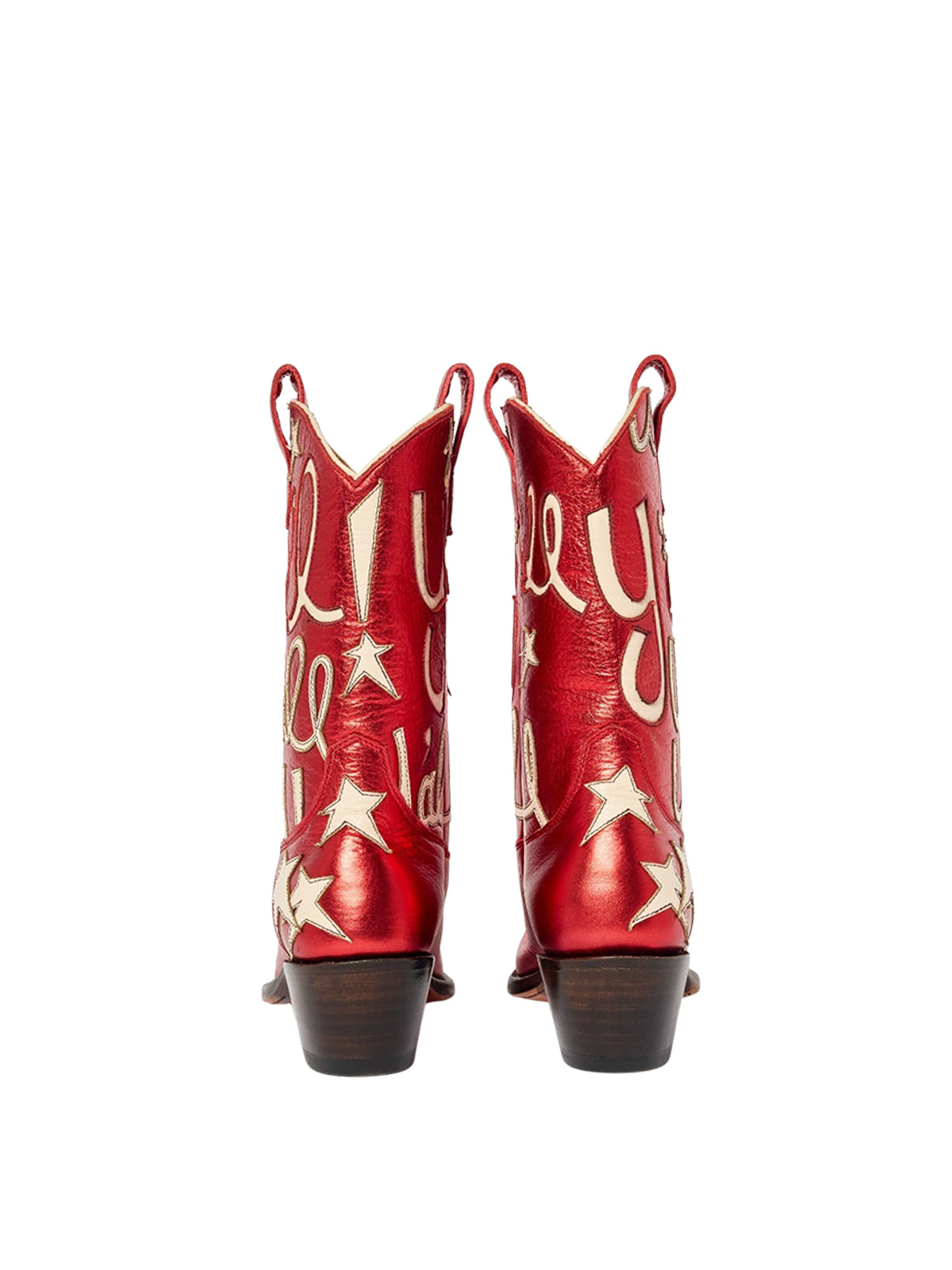 Metallic Red Snip-Toe Star And Letters Inlay Applique Mid Calf Cowgirl Boots