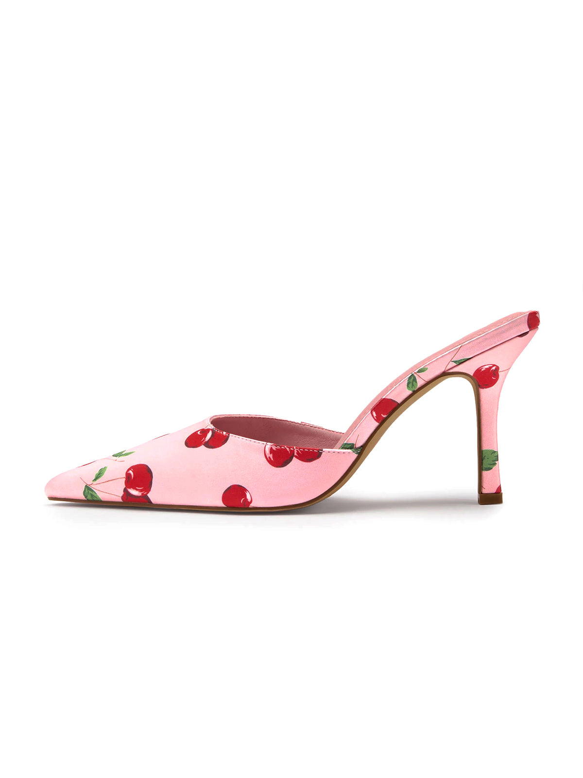 Pink Satin Pointed-Toe Cherry Pattern Slip-On High Heels