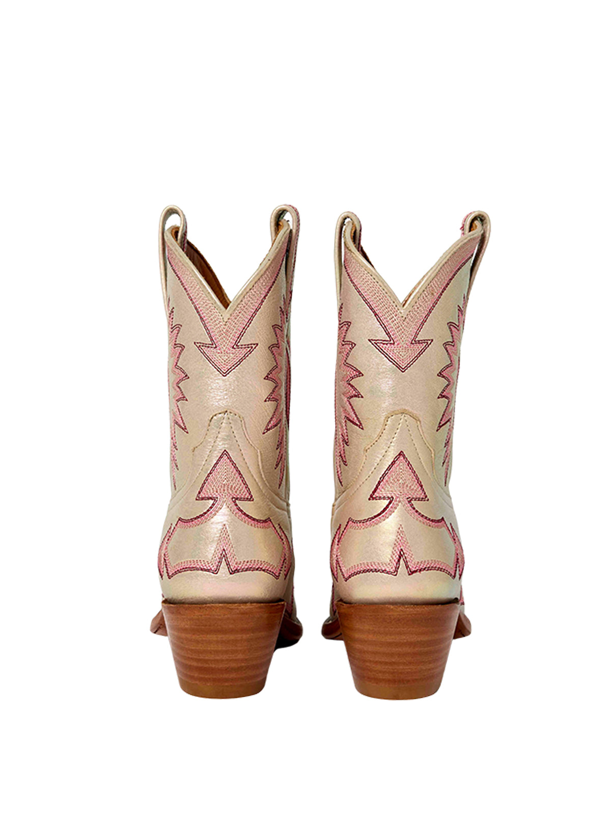 Jagged Embroidery Snip-Toe Cowgirl Ankle Booties - Metallic Light Pink