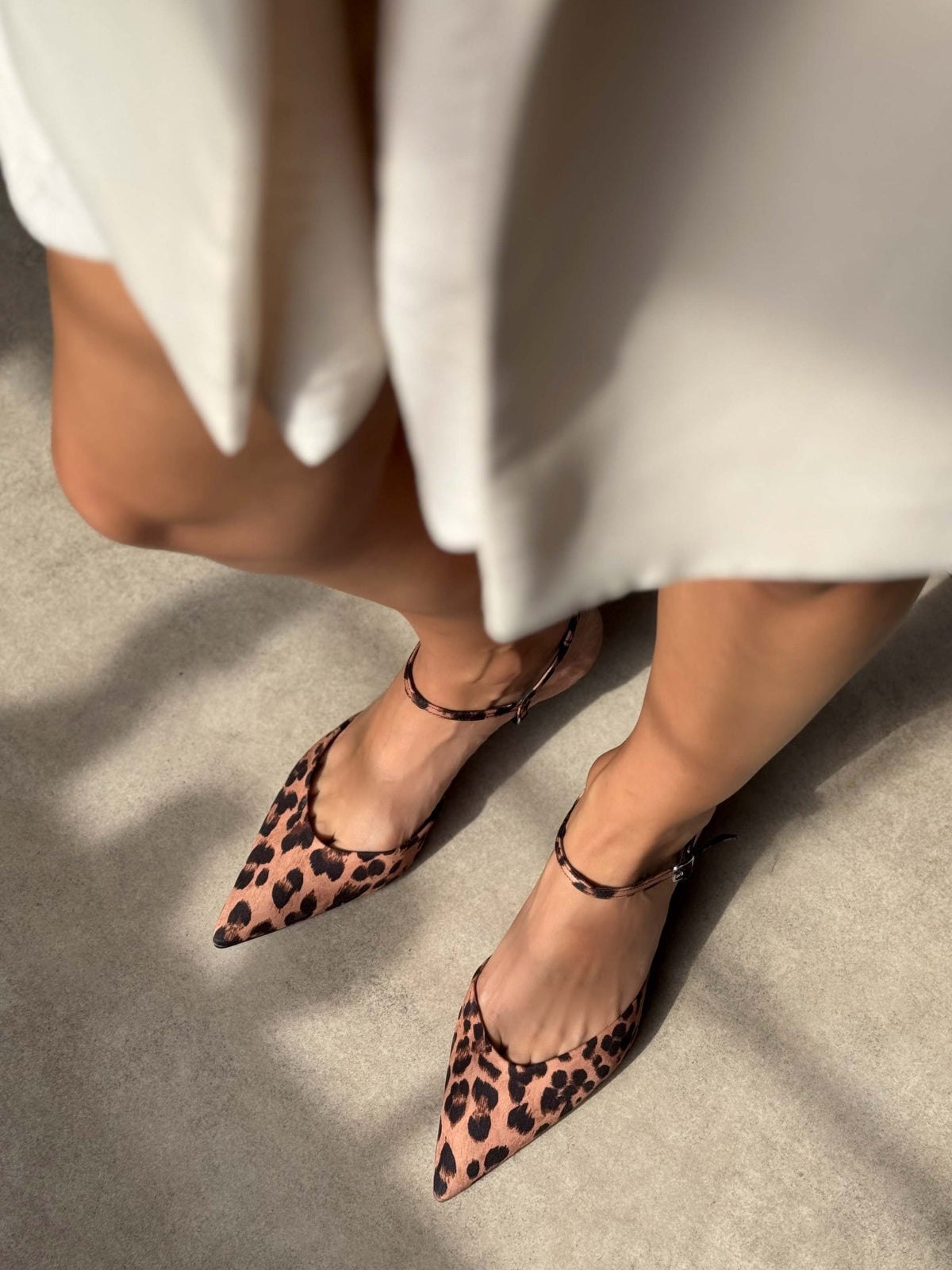 Ankle Strap Pointed-Toe Concise Kitten Heels - Leopard Satin