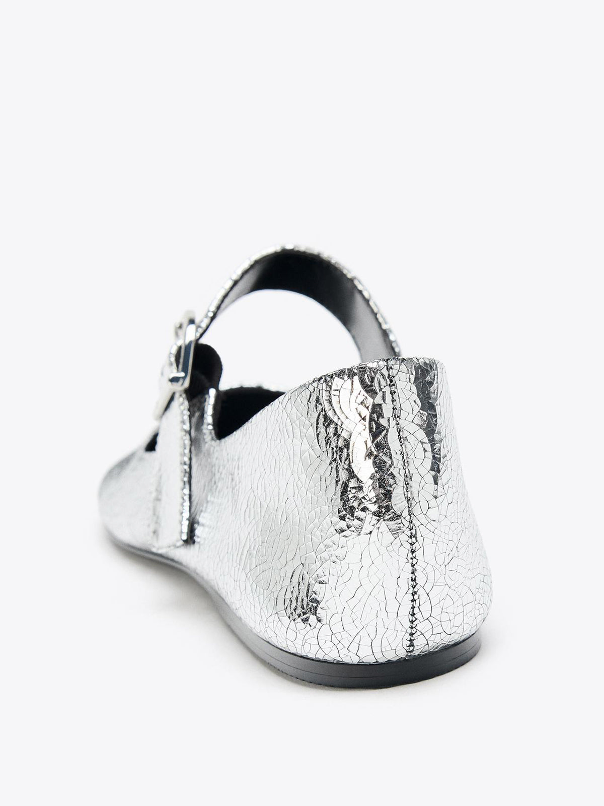 Metallic Silver Round-Toe Bridge Strap Ballet Flats