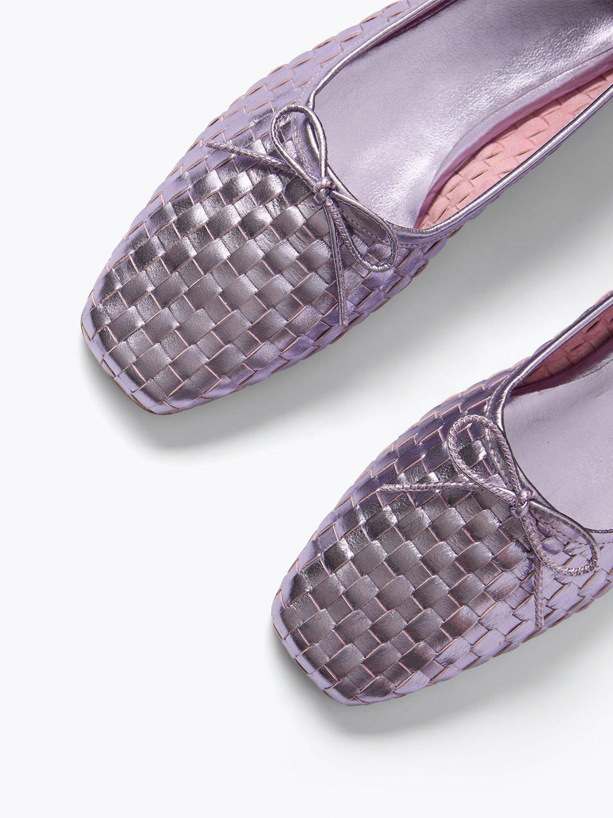 Vegan Leather Woven Square-Toe Bow Ballet Flats - Metallic Purple