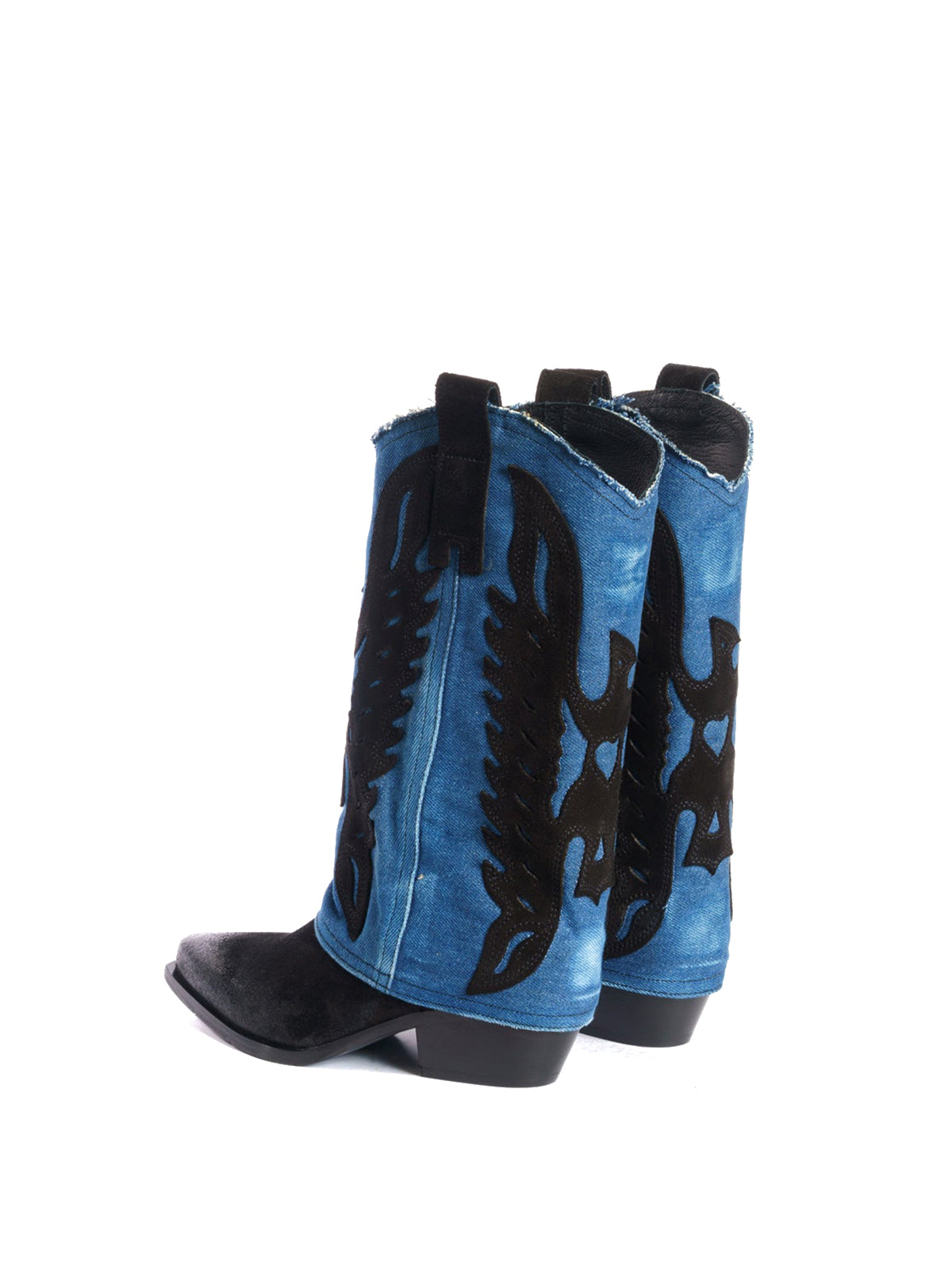 Black Snip-Toe Eagle Applique Blue Denim Fold-Over Mid Calf Cowgirl Boots