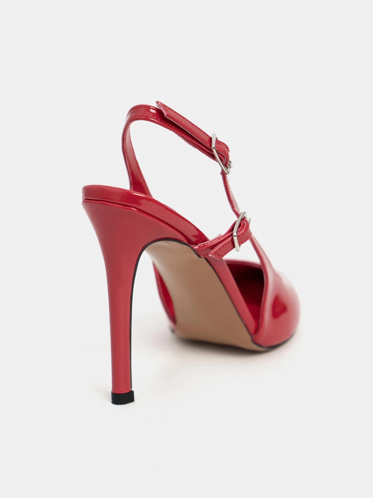 Patent Leather Pointed-Toe Buckle Back Strap Chic High Heels - Red