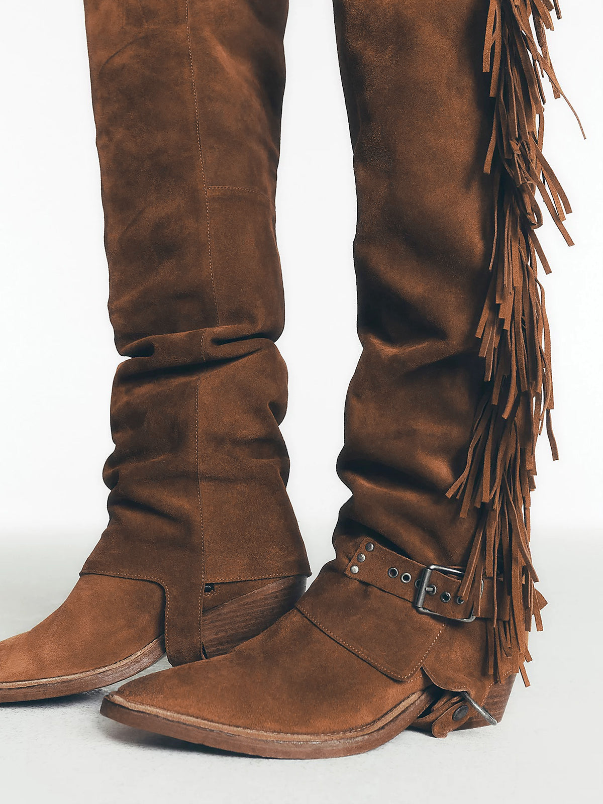 Tan Faux Suede Pointed-Toe Side Fringe Buckle Strap Over-The-Knee Cowgirl Boots