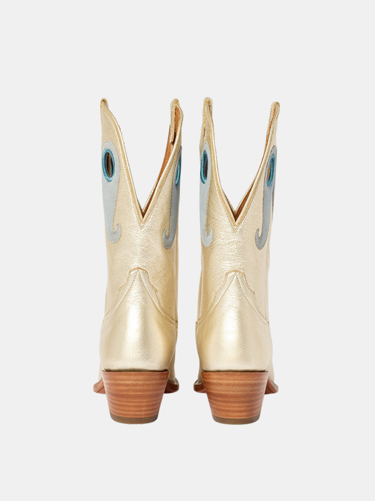 Contrast Metallic Gold And Blue Paisley Cutout Snip-Toe Mid Calf Cowgirl Boots