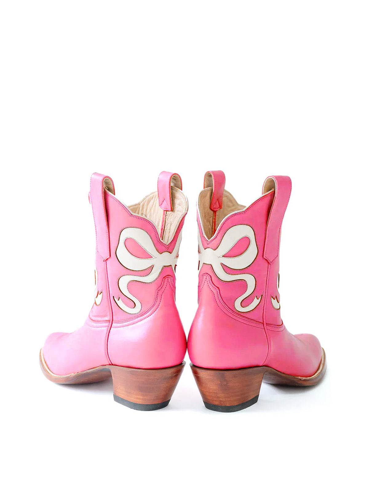 Rose Red Almond-Toe Ankle Western Boots With White Bowknot Inlay