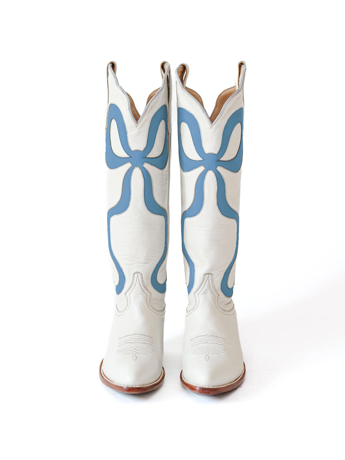 White Almond-Toe Wide Calf Western Boots Knee High Tall Boots With Haze Blue Bowknot Inlay