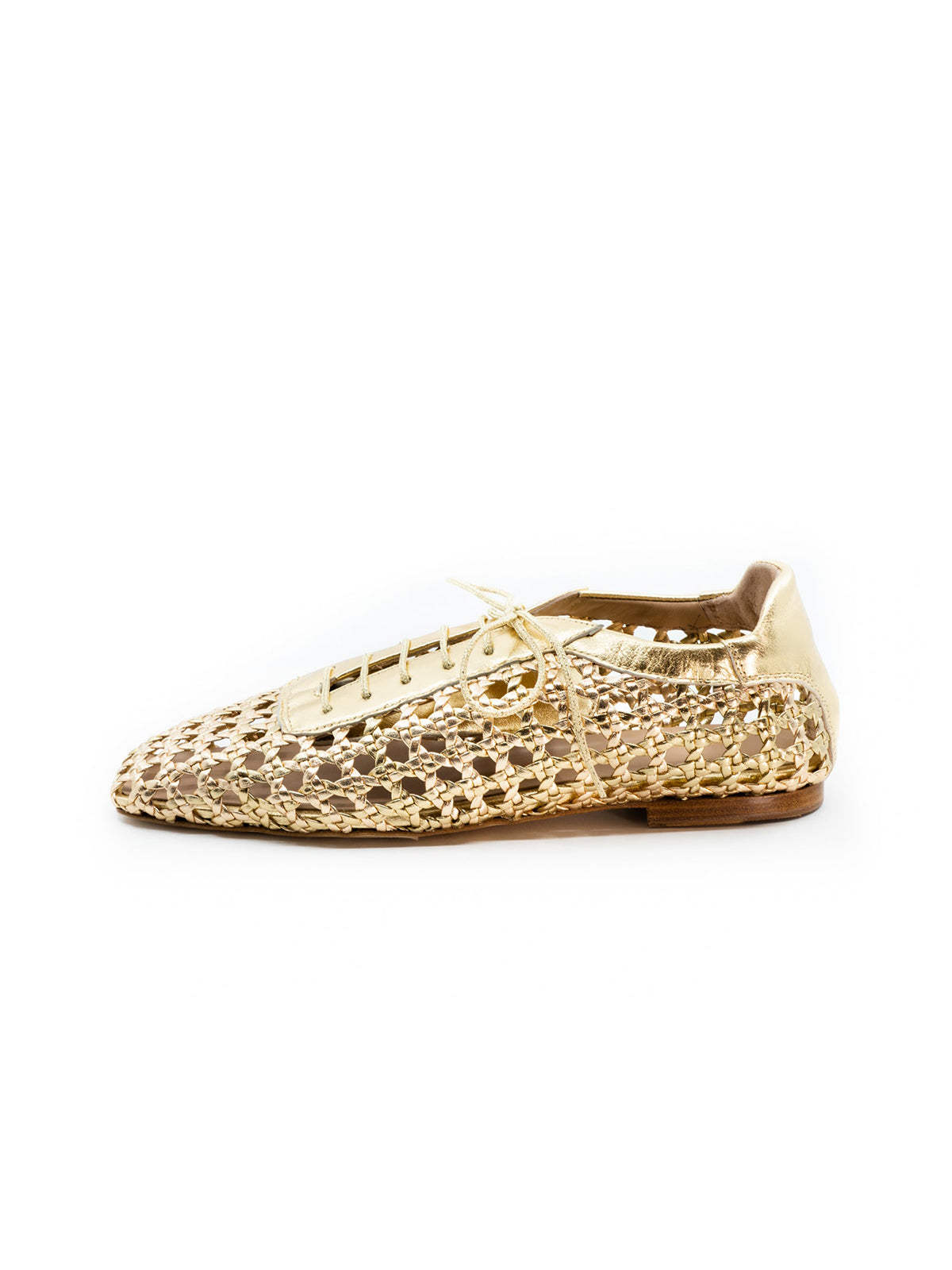 Metallic Gold Woven Vegan Leather Square-Toe Chic Lace-Up Flats