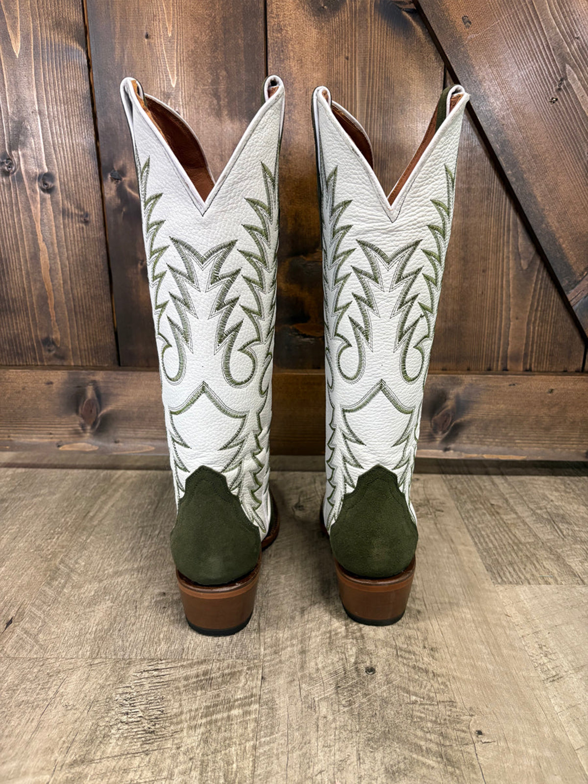 Contrast White And Green Snip-Toe Classic Embroidery Wide Calf Knee High Cowgirl Boots