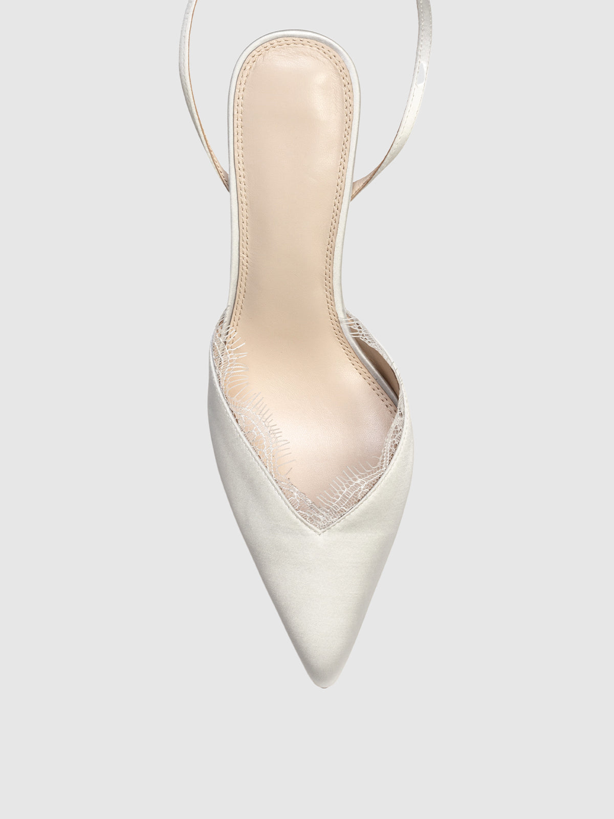 White Satin Pointed-Toe Lace Upper Ankle Strap High Heels