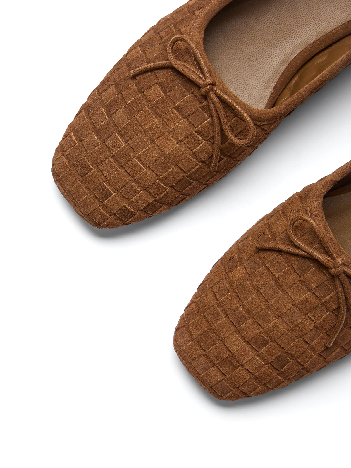 Coffee Faux Suede Woven Square-Toe Front Bow Ballet Flats