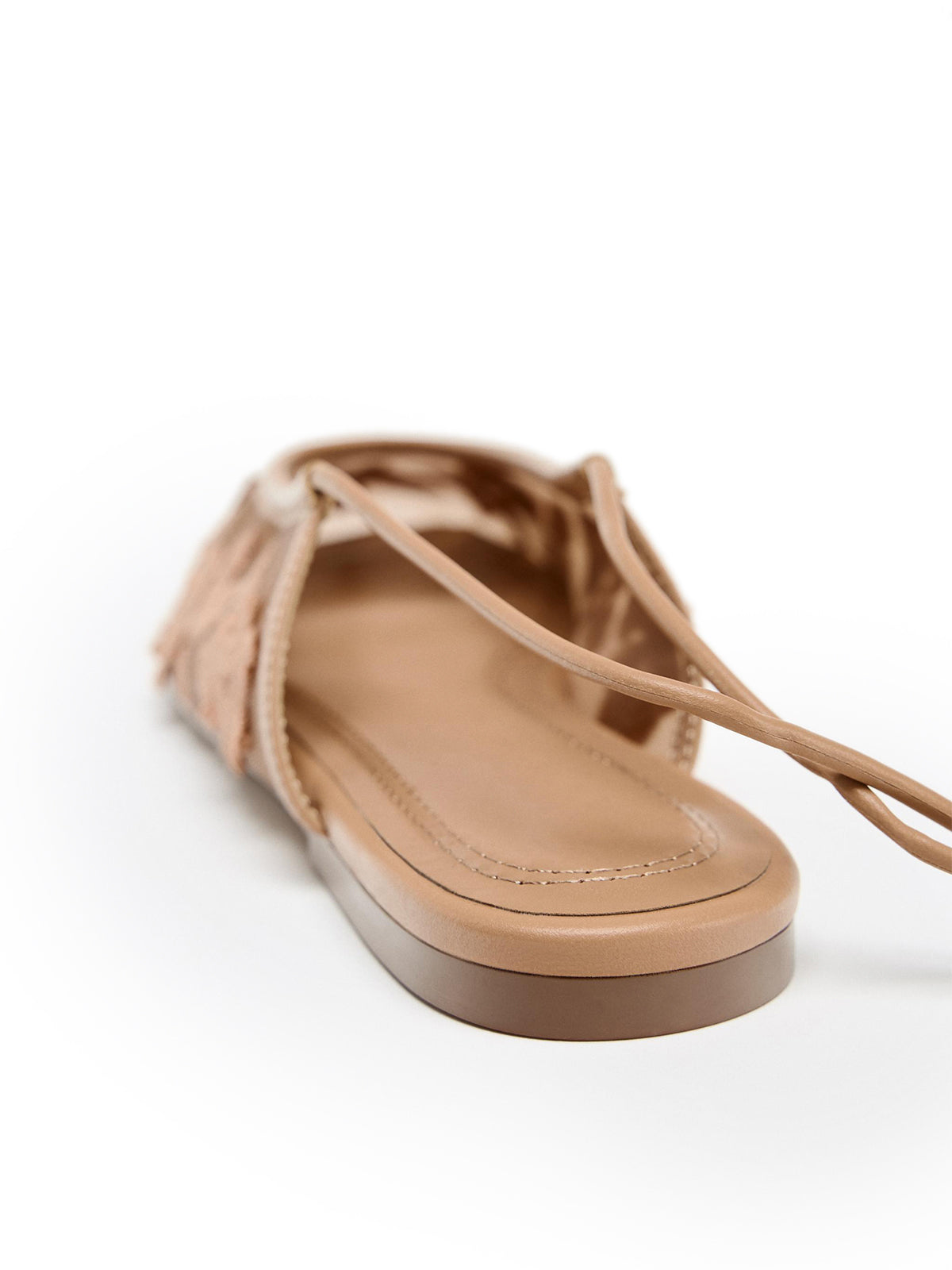 Beige Mesh Round-Toe Flowers Embroidery Flats With Ankle Strap