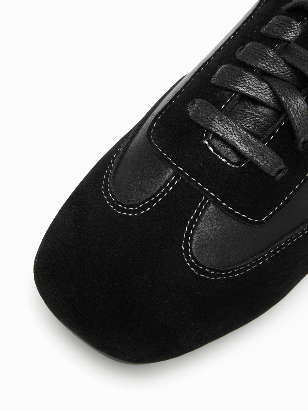 Black Cow Suede And Cow Leather Square-Toe Lace-Up Flats Sneakers
