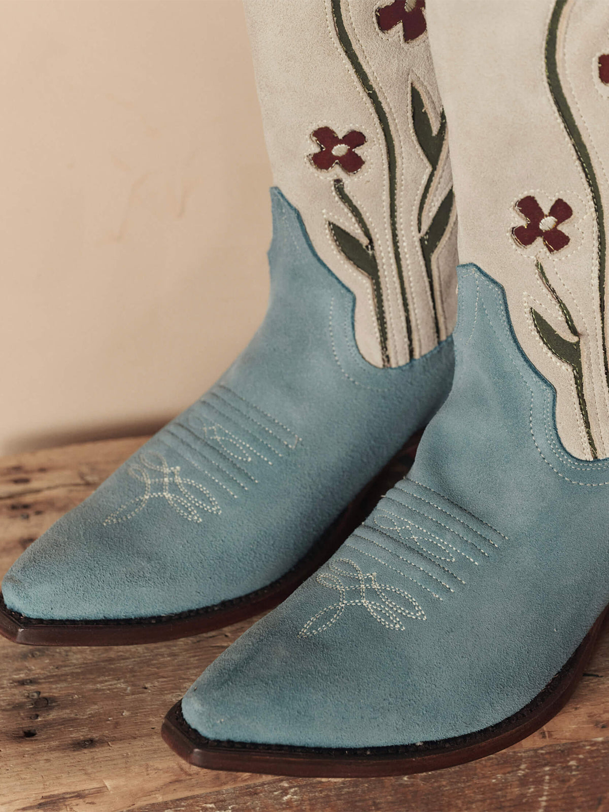 Contrast Bone And Blue Faux Suede Snip-Toe Floral Inlays And Stitch Mid Calf Cowgirl Boots