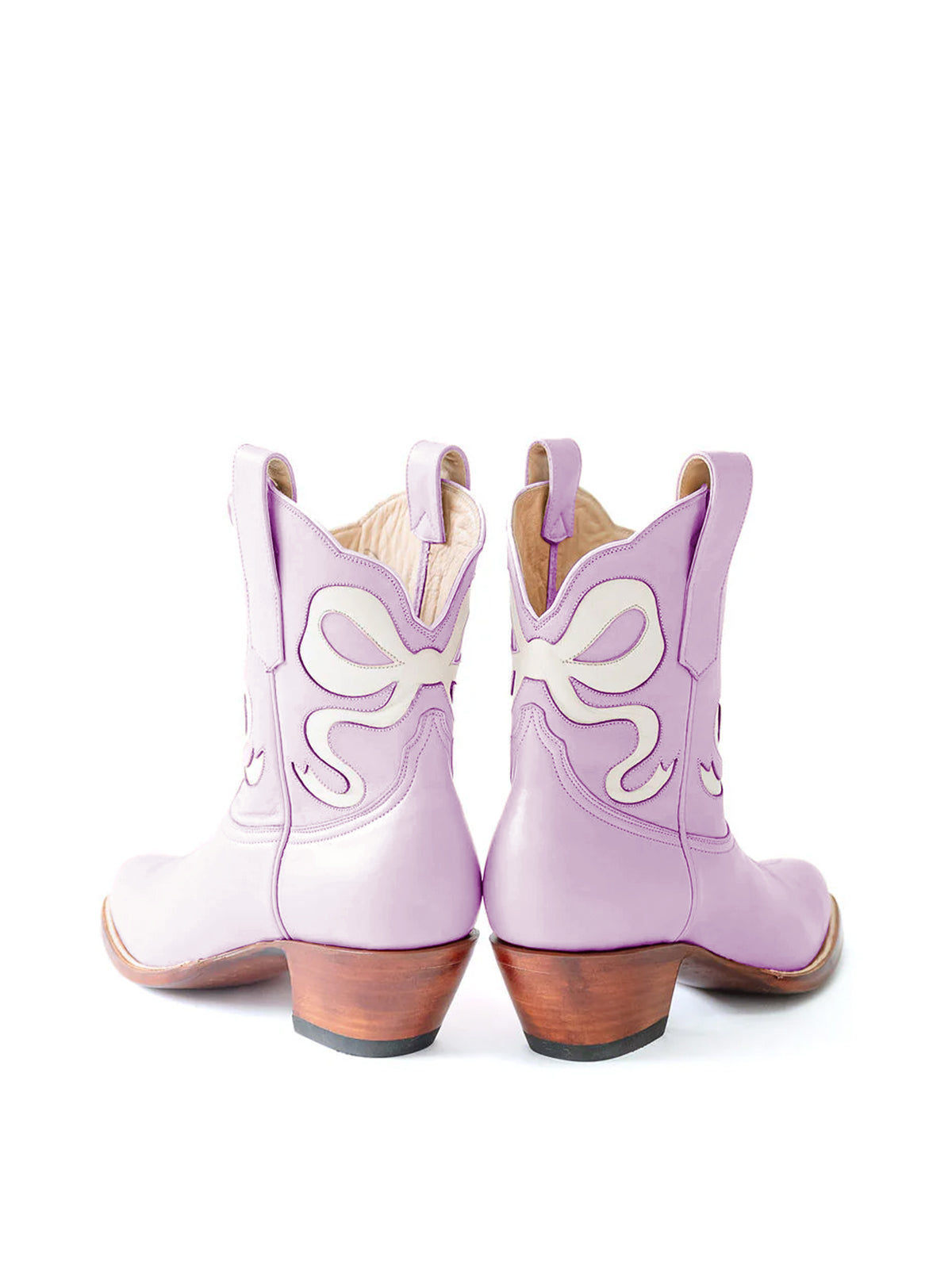 Purple Almond-Toe Ankle Western Boots With White Bowknot Inlay