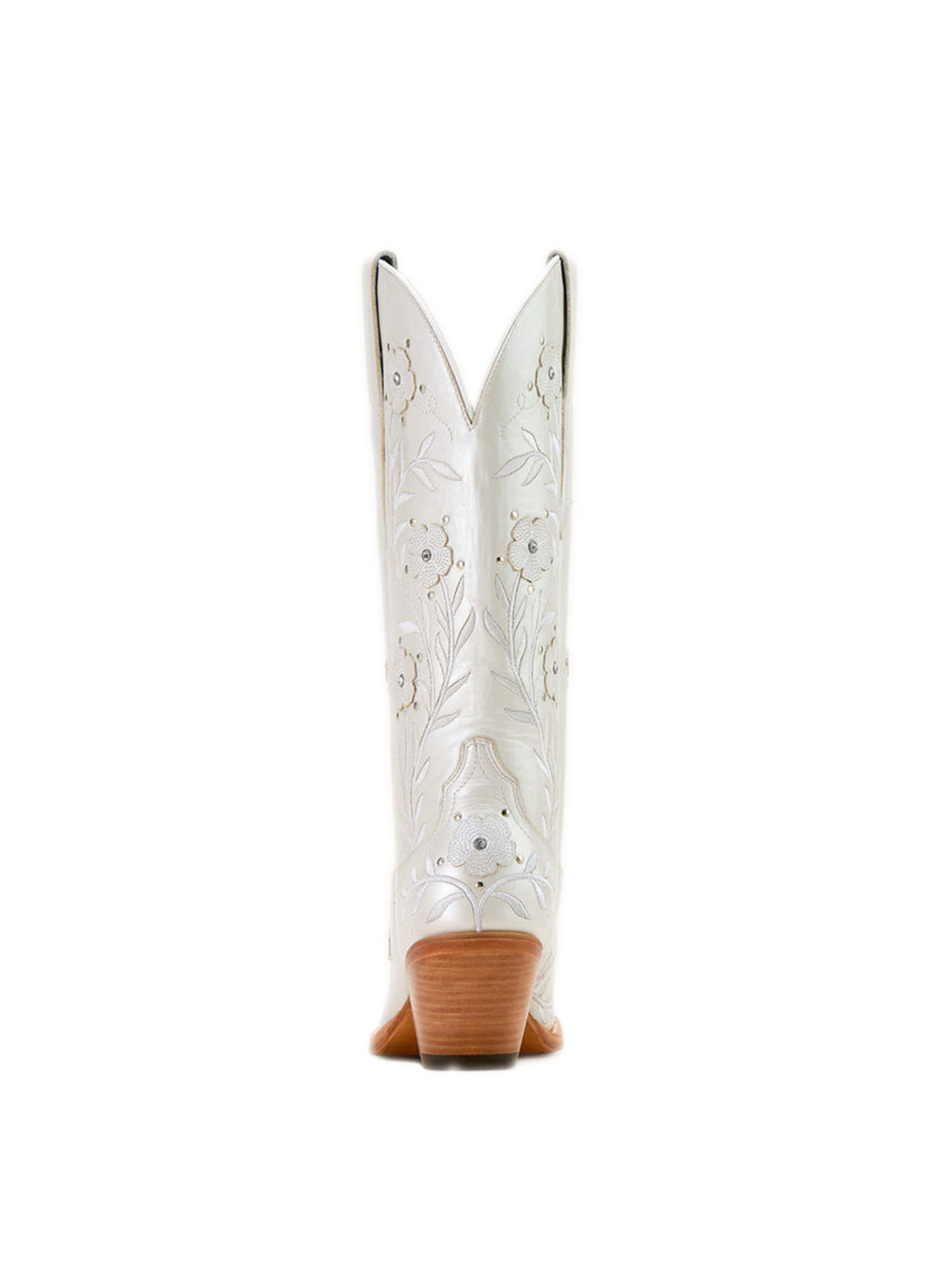 Ivory Almond-Toe Flower Applique With Studs Mid Calf Embroidery Cowgirl Boots