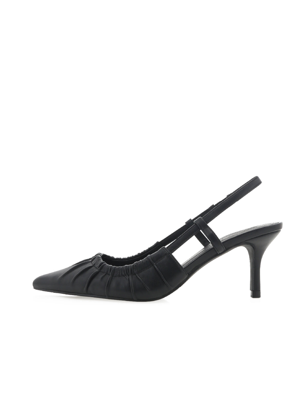 Black Ruched Upper Pointed-Toe Slingback Kitten Heels