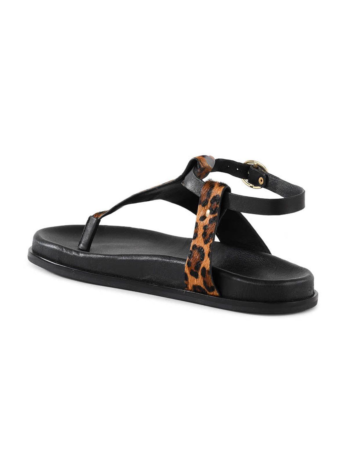 Leopard Pattern Round-Toe T-Strap And Ankle Strap Flats Sandals