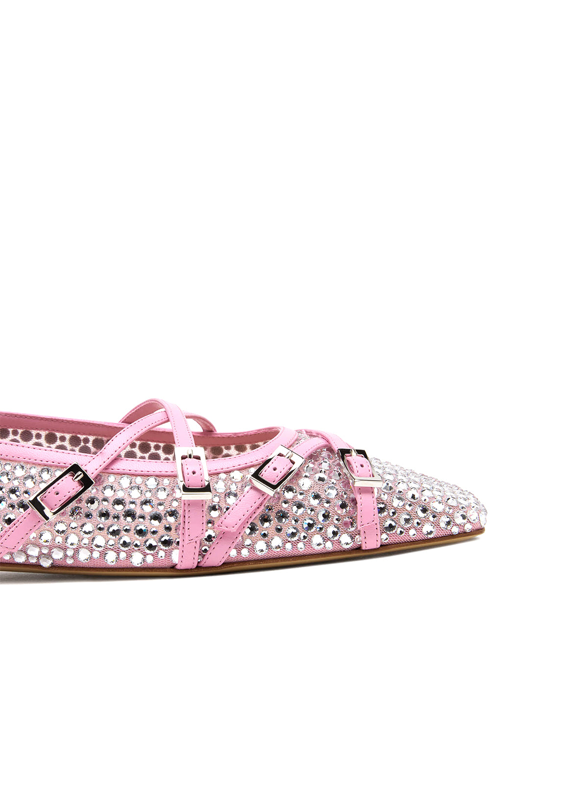 Pink Rhinestone Mesh Square-Toe Strappy Ballet Flats