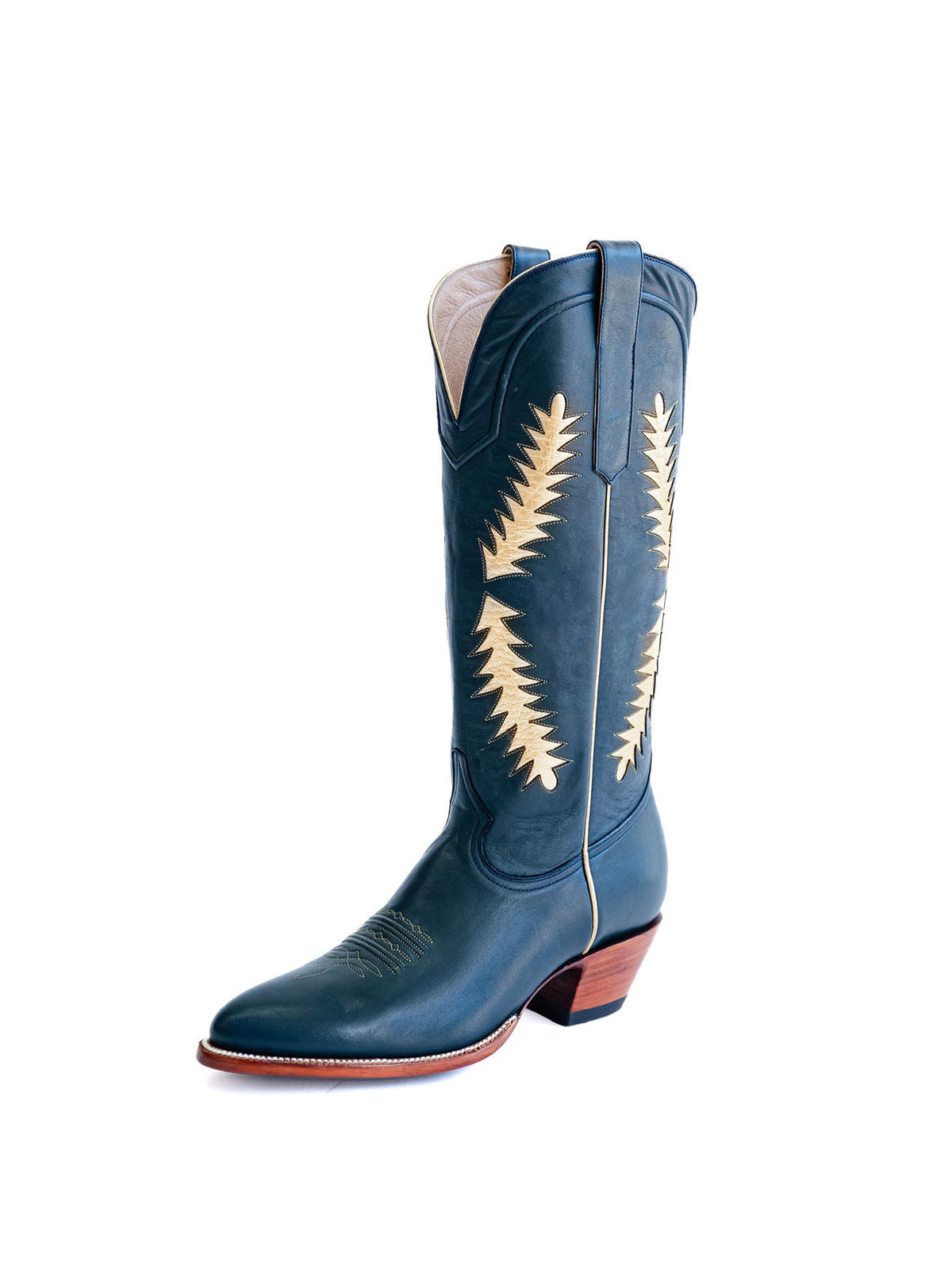 Blue Almond-Toe Wide Calf Cowgirl Boots Knee High Tall Boots