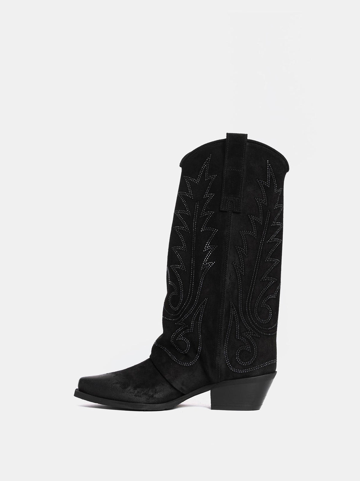Black Snip-Toe Faux Suede Embroidery Classic Mid Calf Cowgirl Boots